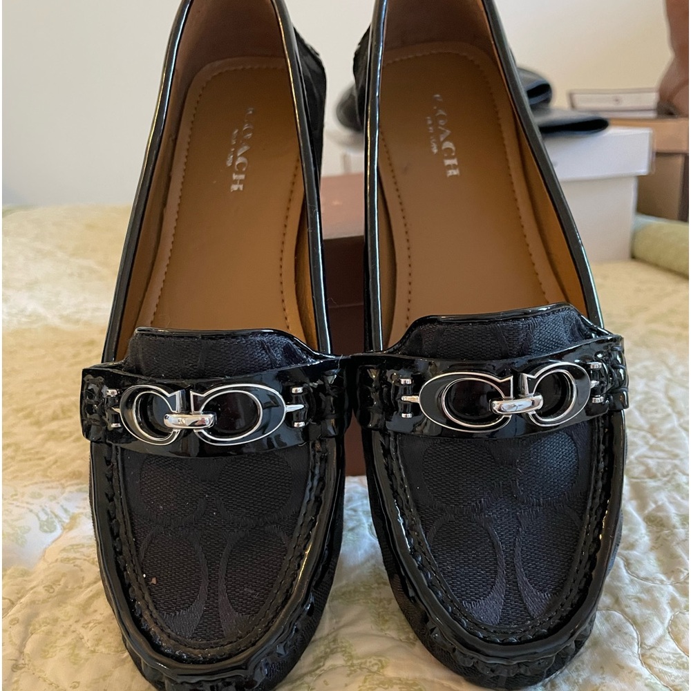 Coach size 6.5 M driving loafer. Black fabric and patent leather.